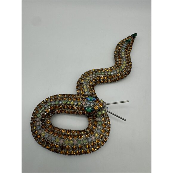 Vintage Signed Capri Snake Gold Pink Green Rhinestone Brooch Large 5” READ - Picture 1 of 16